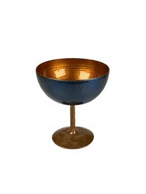 Signed Handmade Copper Enamel Compote Cup Cobalt Blue Amber Artisan Metalwork